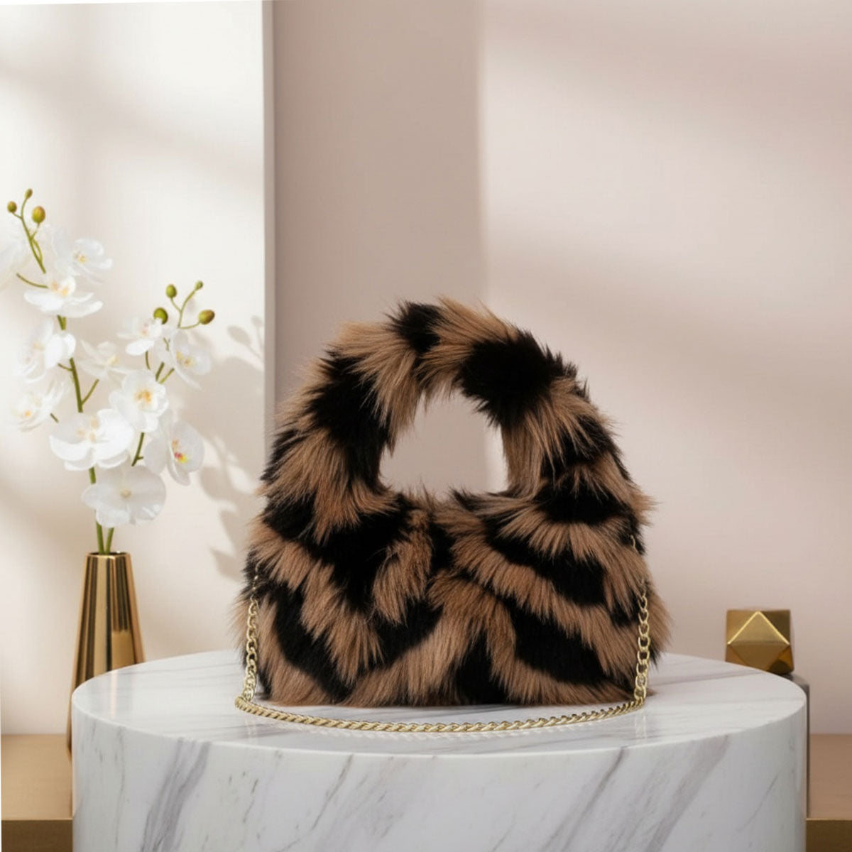 Fashion Handbag Brown and Black Fur Shoulder Bag Chic Street Style