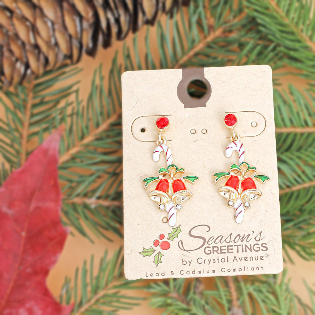 Statement Candy Cane and Bell Earrings Holiday Trendy Jewelry