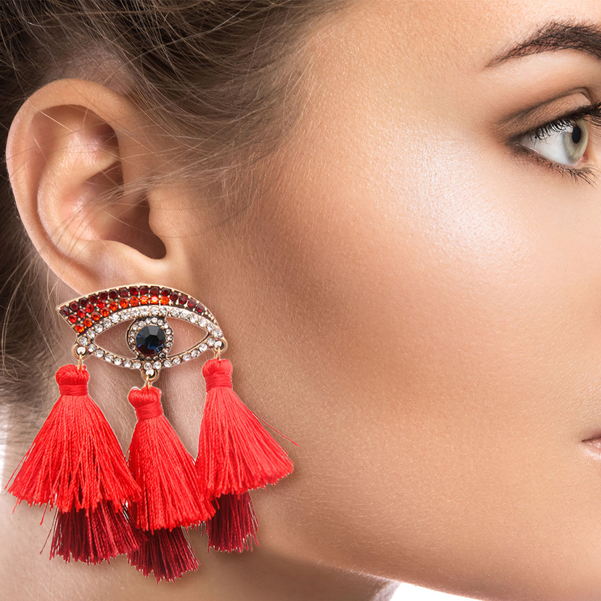 Statement Red Evil Eye Tassel Earrings Stylish Fashion Jewelry