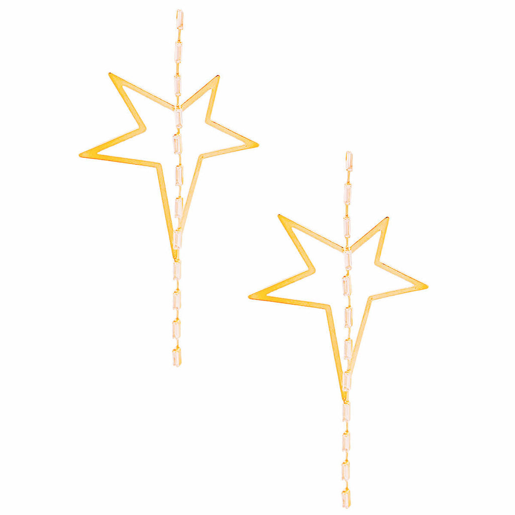 Statement Gold Star Crystal Baguette Earrings Stylish Chic Jewelry Accessory