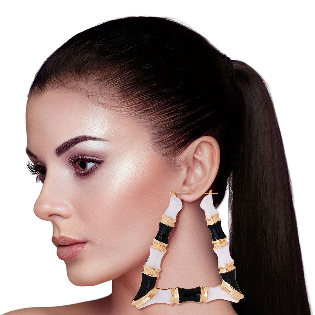 Statement Bamboo Hoop Earrings Black and White Trapezoid Design