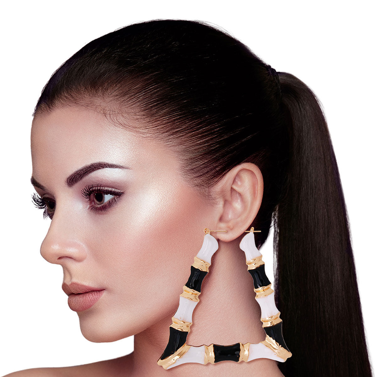 Statement Bamboo Hoop Earrings Black and White Trapezoid Design