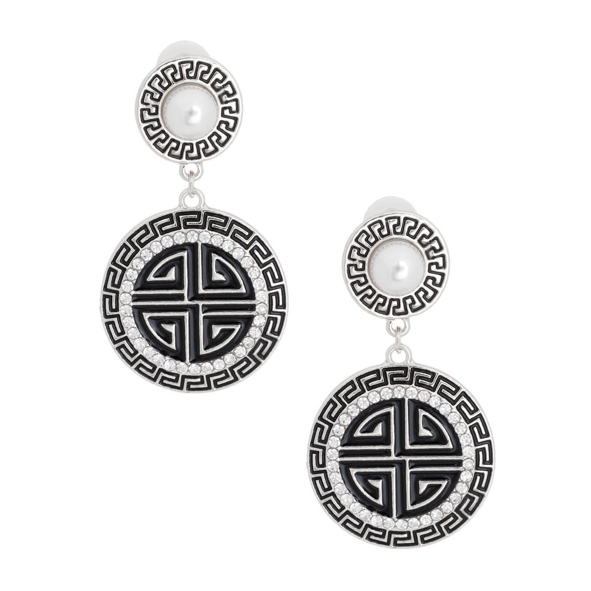 Round Greek Key Charm Earrings Silver Black Stylish Statement Jewelry