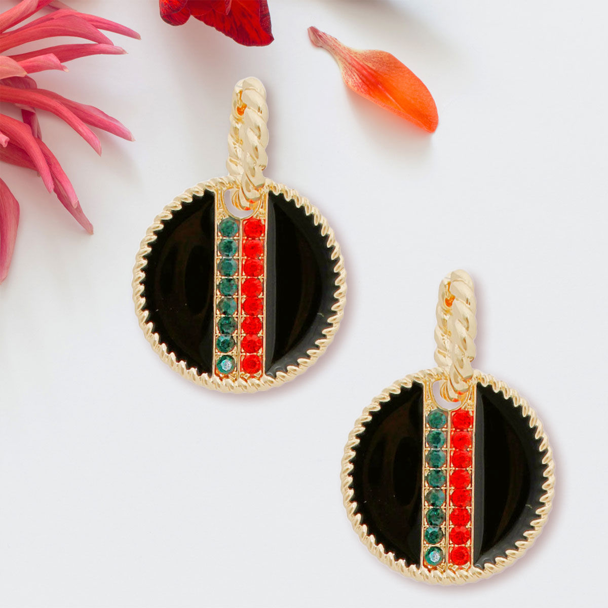 Twisted Gold Hoop Earrings with Black Stripe Charm – Stylish Statement Jewelry