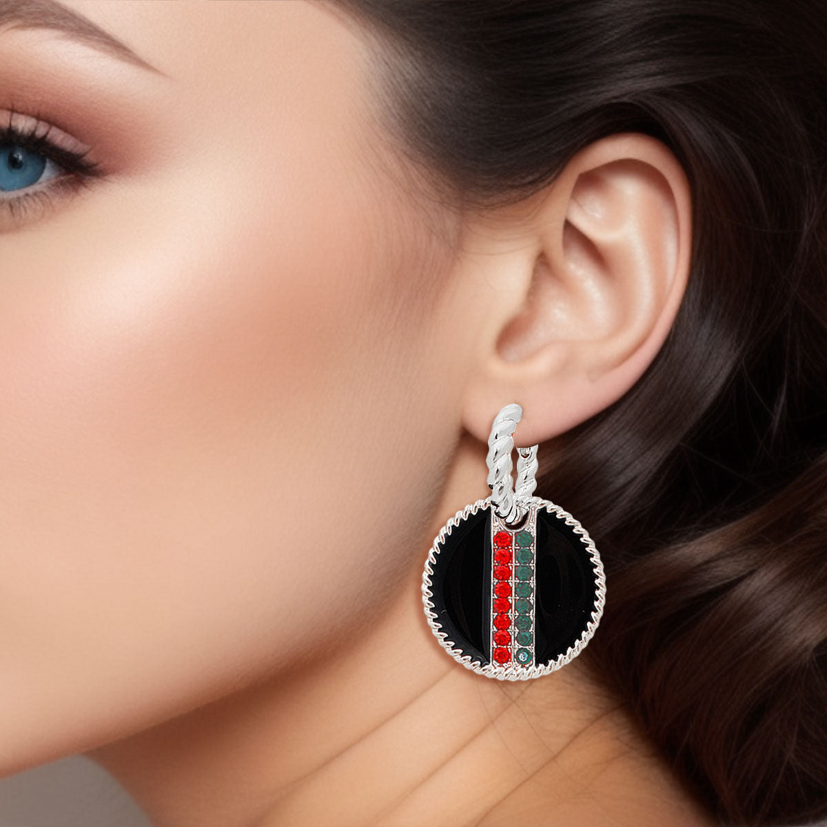 Twisted Silver Hoop Earrings with Black Stripe Charm – Stylish Statement Jewelry