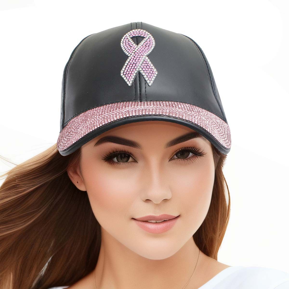 Fashion Hat Black Leather with Pink Ribbon Stylish Accessory