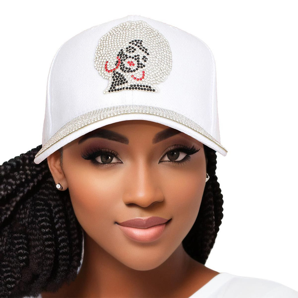 Women’s White Rhinestone Afro Baseball Cap Stylish Casual Hat