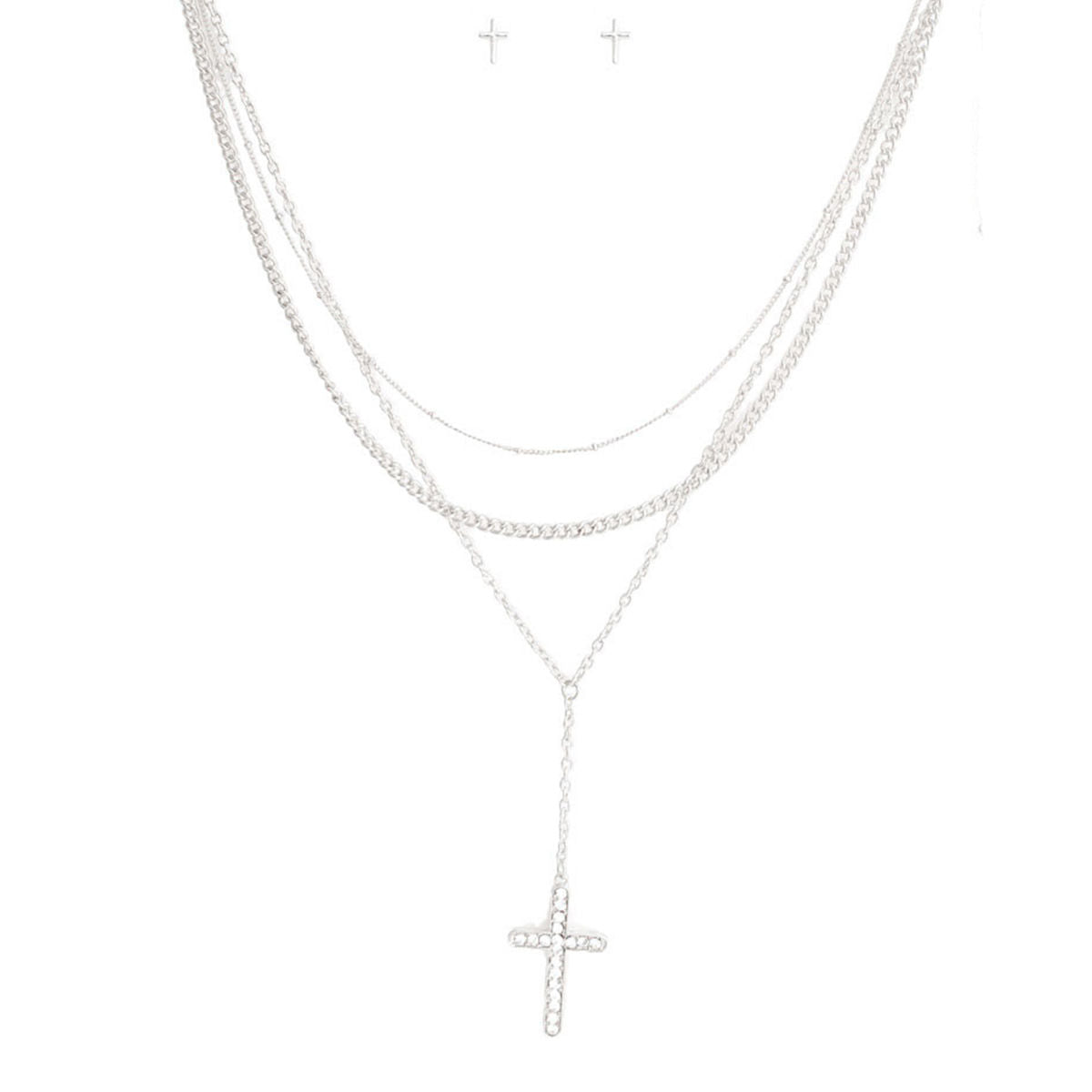Statement Silver Triple Chain Cross Necklace Set Stylish Layered Jewelry