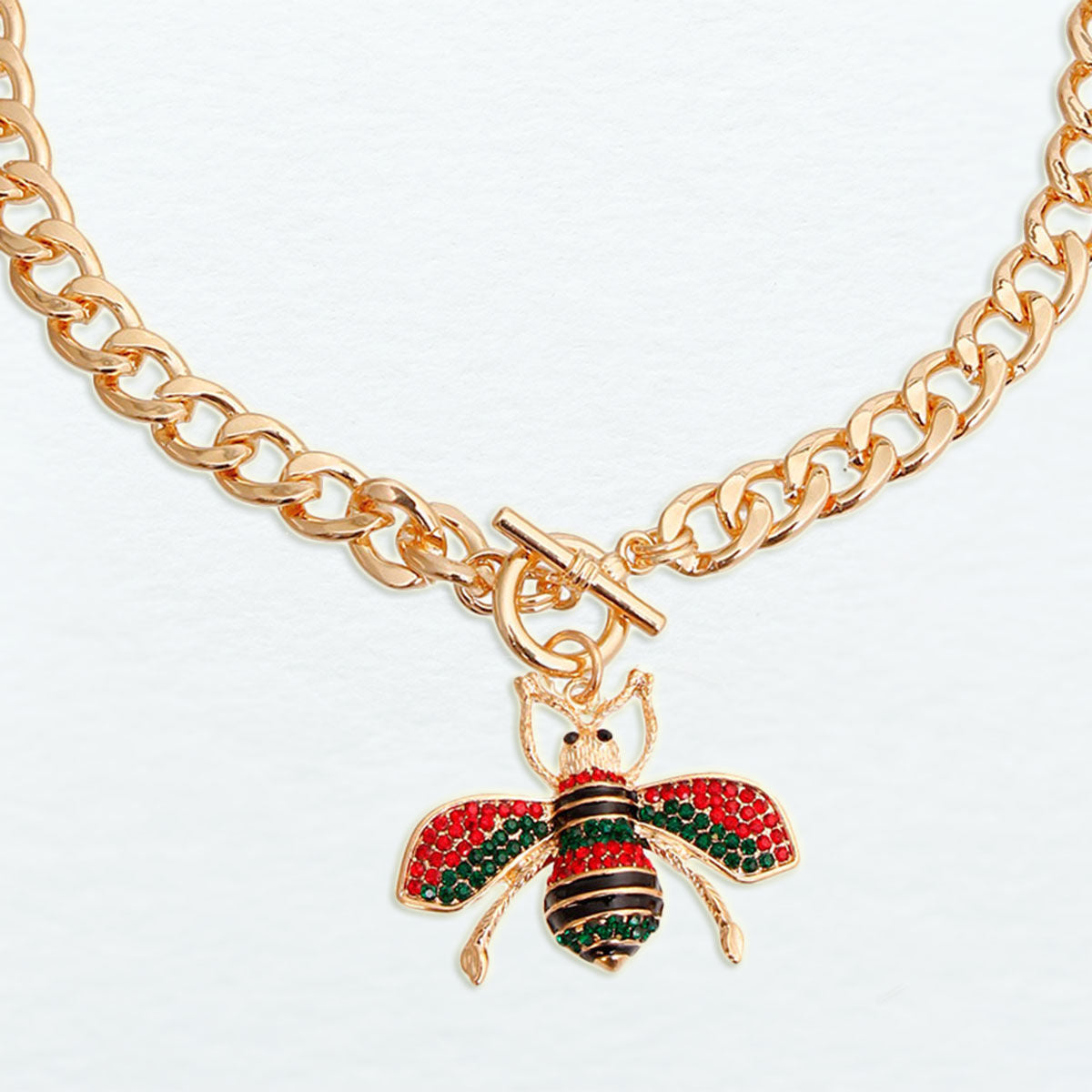 Statement Necklace with Red and Green Bee Toggle Pendant, 2 Inch Stylish Jewelry Accessory