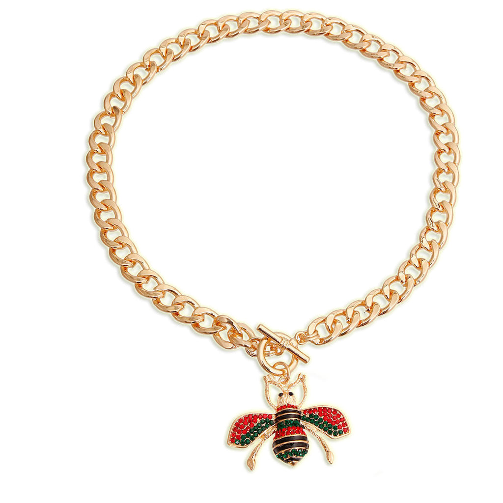 Statement Necklace with Red and Green Bee Toggle Pendant, 2 Inch Stylish Jewelry Accessory