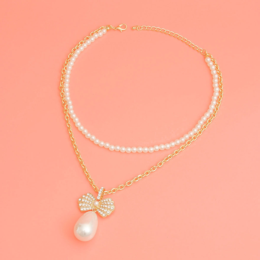 Layered Double Pearl Bow Necklace Gold Stylish Statement Jewelry