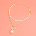 Layered Double Pearl Bow Necklace Gold Stylish Statement Jewelry