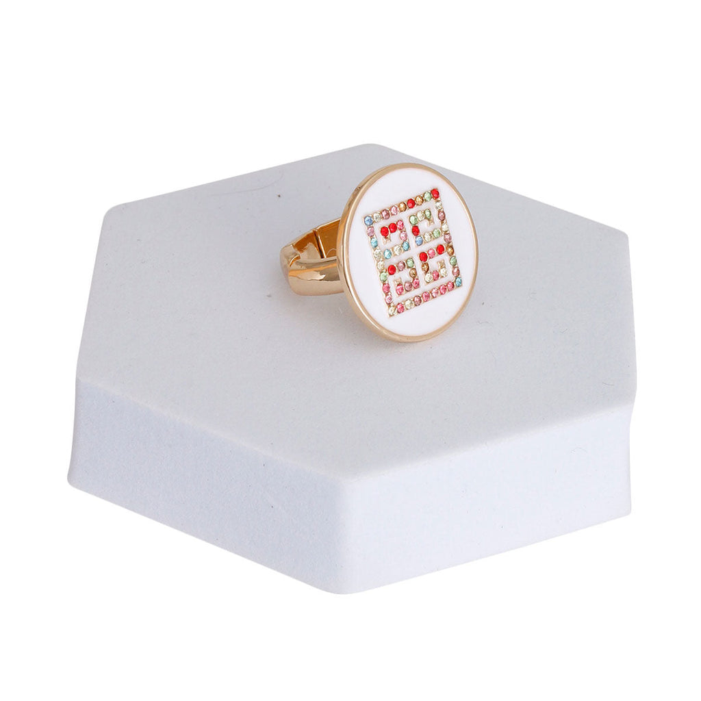 Statement Ring White and Gold Greek Key Stylish Fashion Jewelry