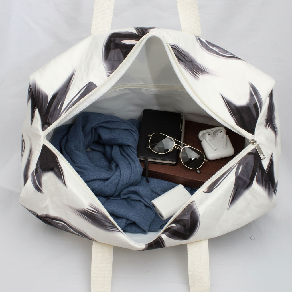 Fashion Travel Duffel Bag Cream Quilted with Black Bow, Stylish and Chic