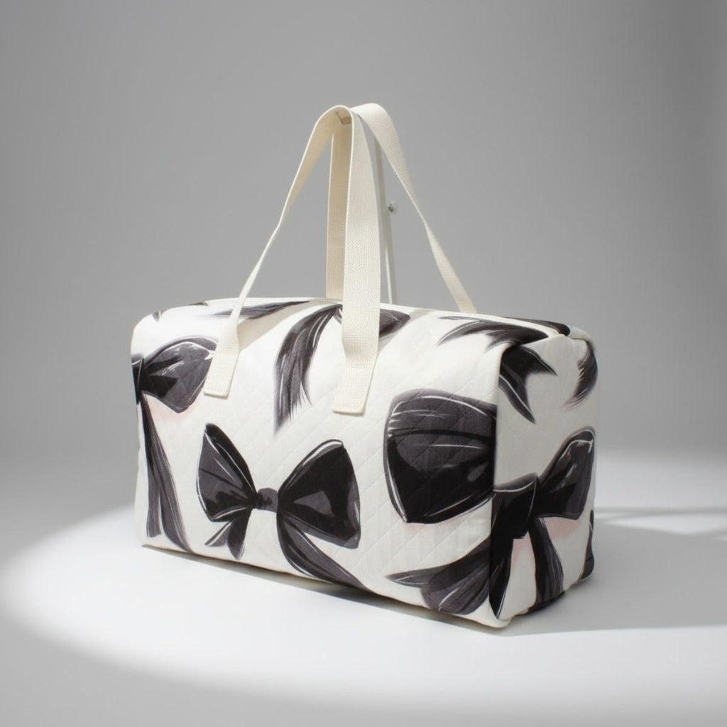 Fashion Travel Duffel Bag Cream Quilted with Black Bow, Stylish and Chic