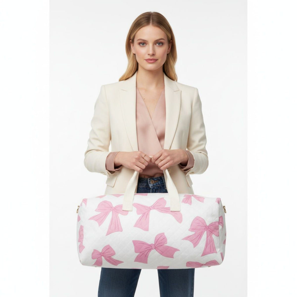 Travel Duffel Bag White Quilted with Pretty Pink Bow Stylish Chic Accessory