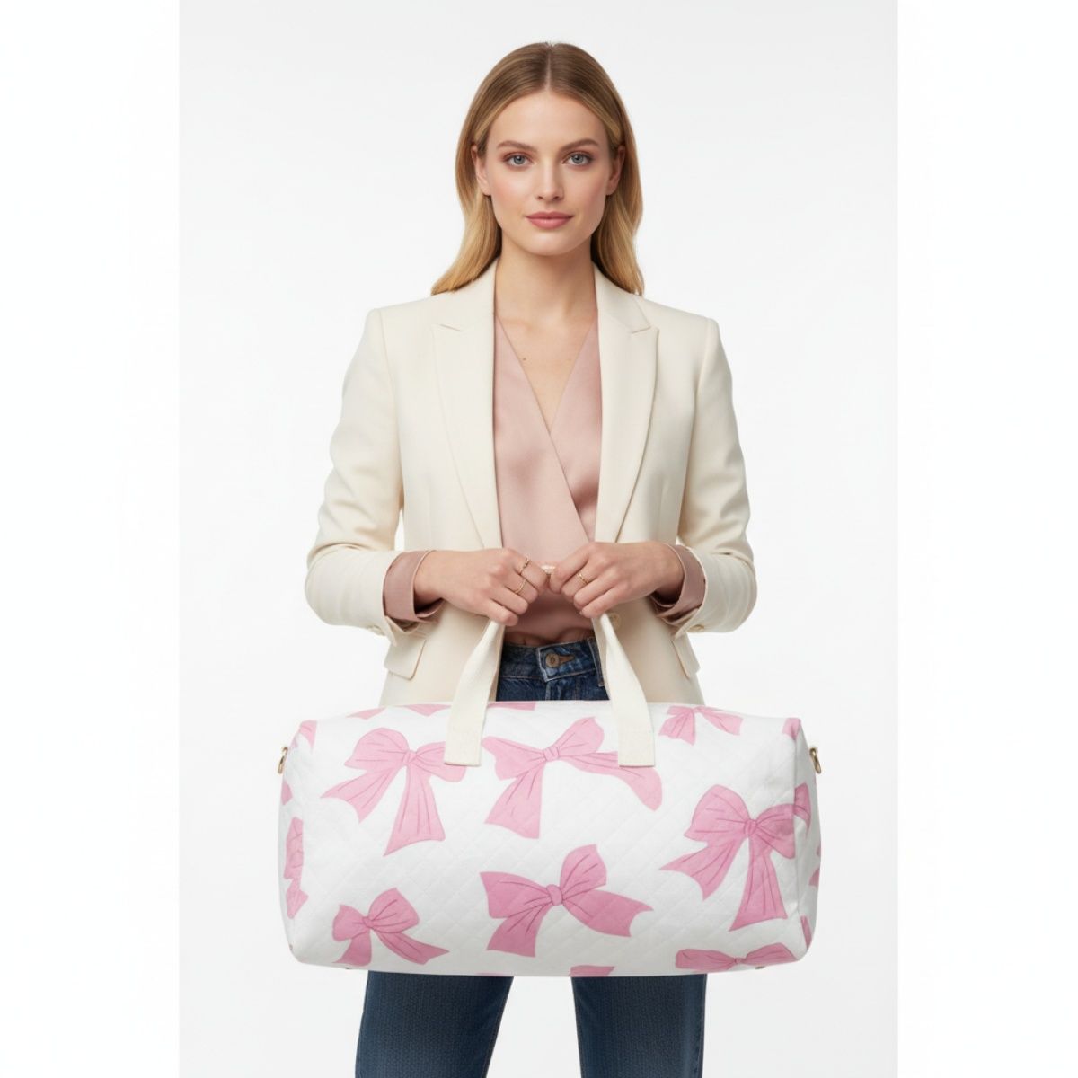 Travel Duffel Bag White Quilted with Pretty Pink Bow Stylish Chic Accessory