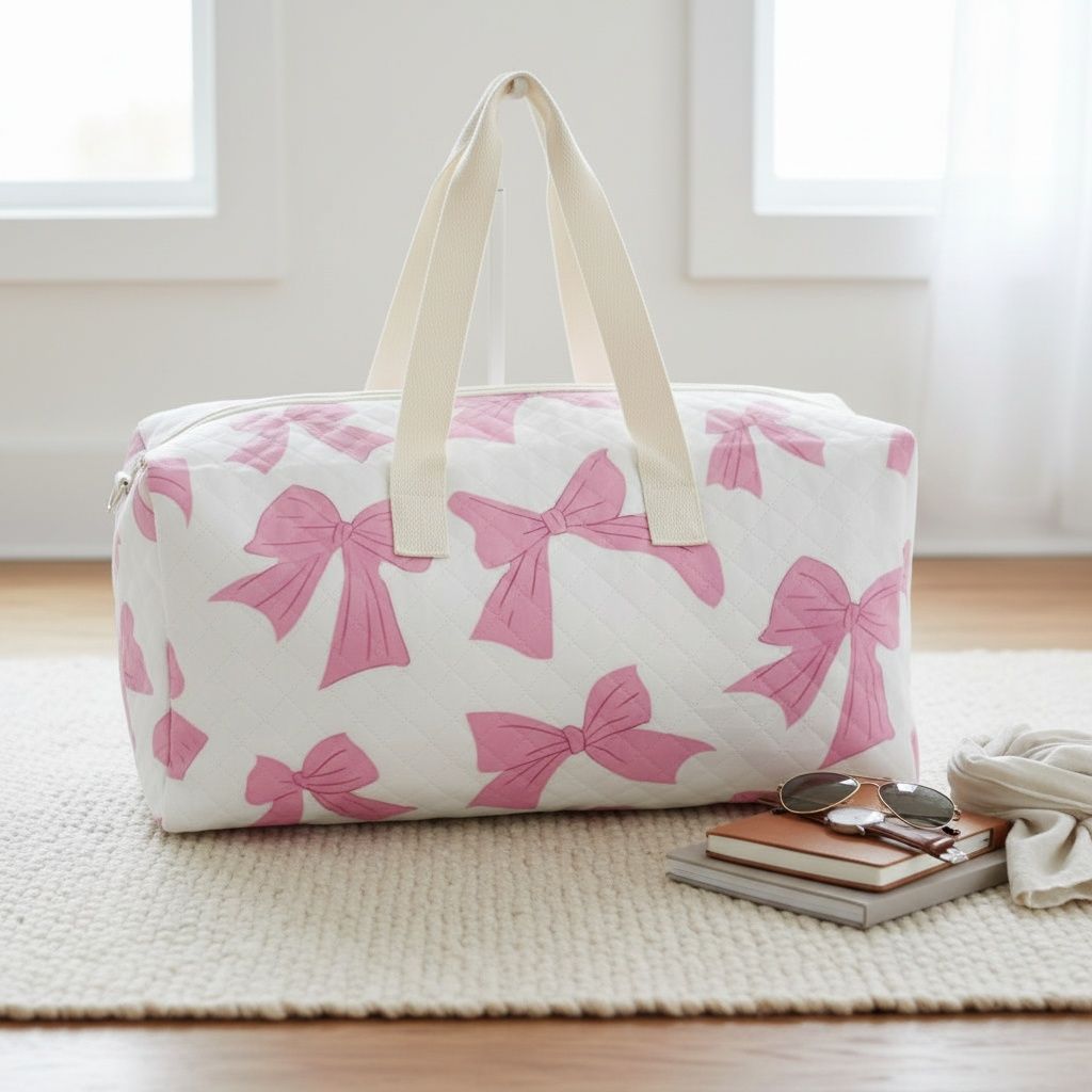 Travel Duffel Bag White Quilted with Pretty Pink Bow Stylish Chic Accessory