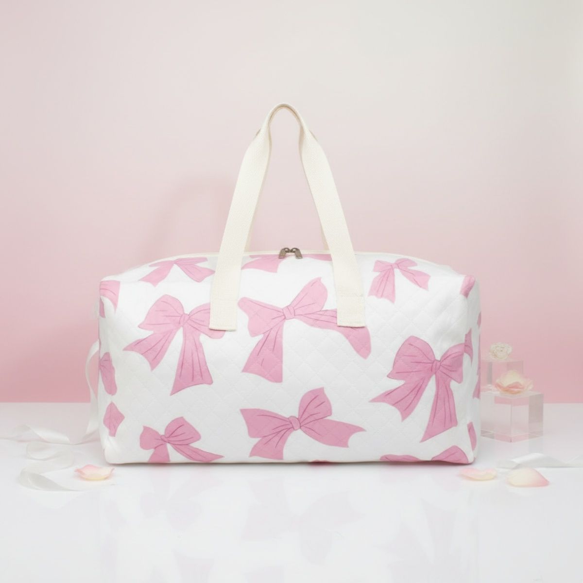 Travel Duffel Bag White Quilted with Pretty Pink Bow Stylish Chic Accessory