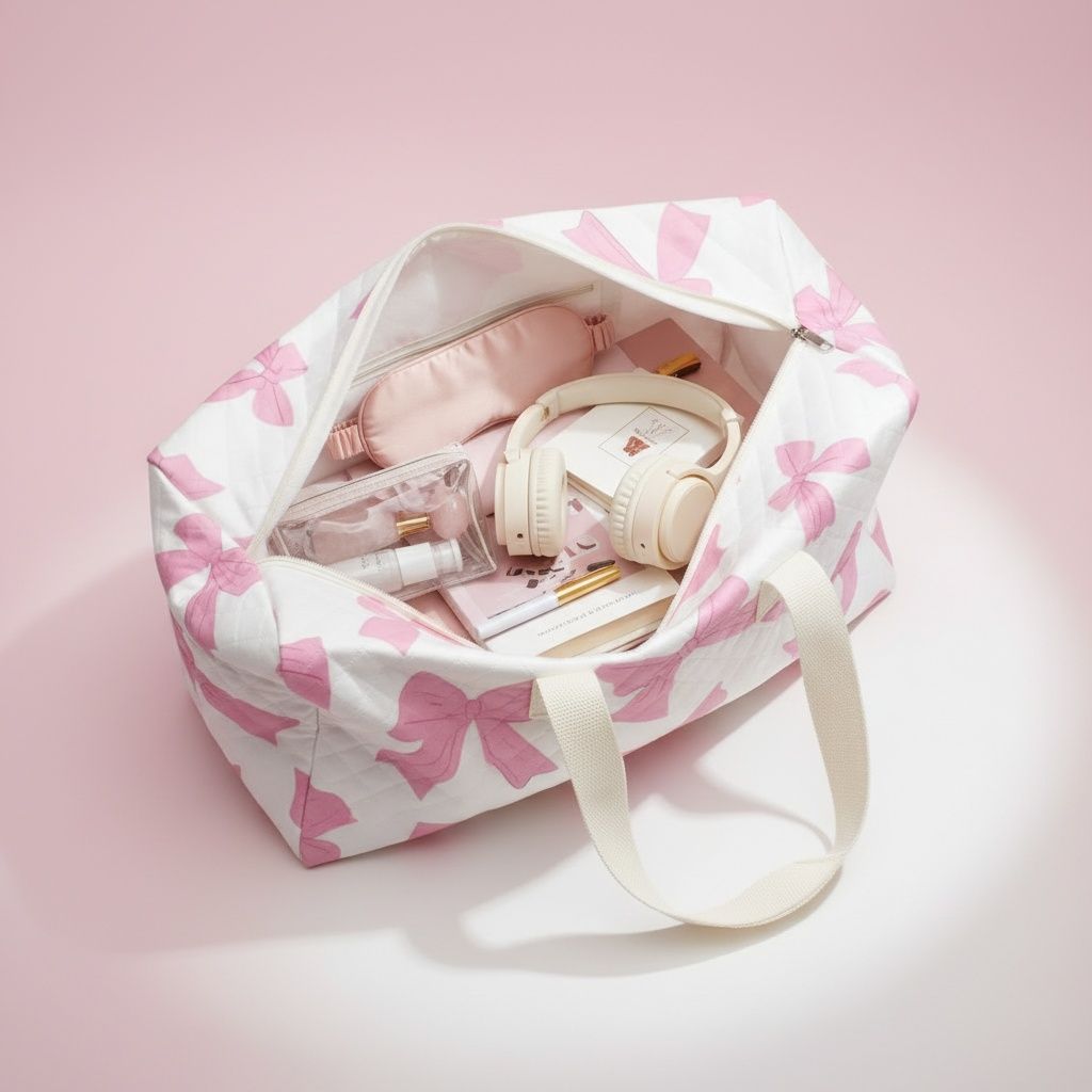 Travel Duffel Bag White Quilted with Pretty Pink Bow Stylish Chic Accessory