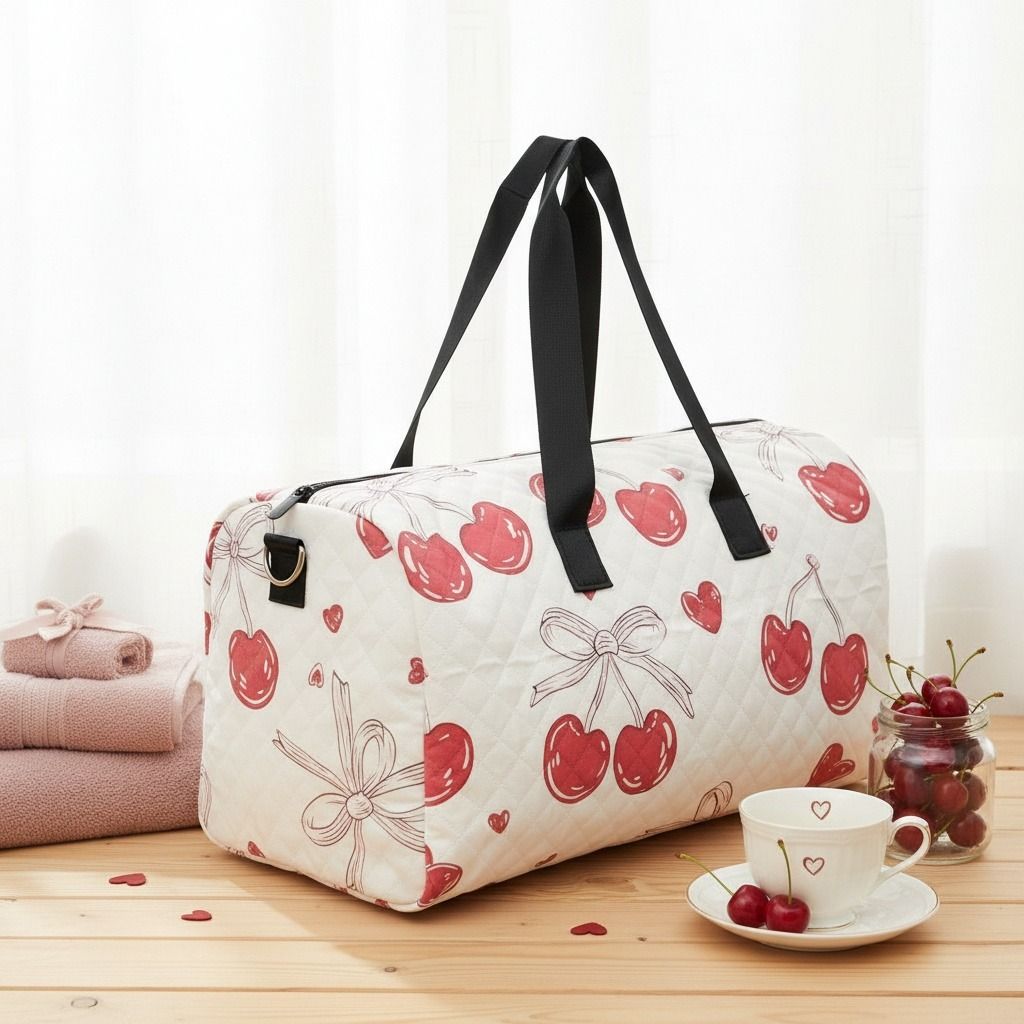 Fashion Duffel Travel Bag Cream Quilted Red Cherry Stylish Accessory