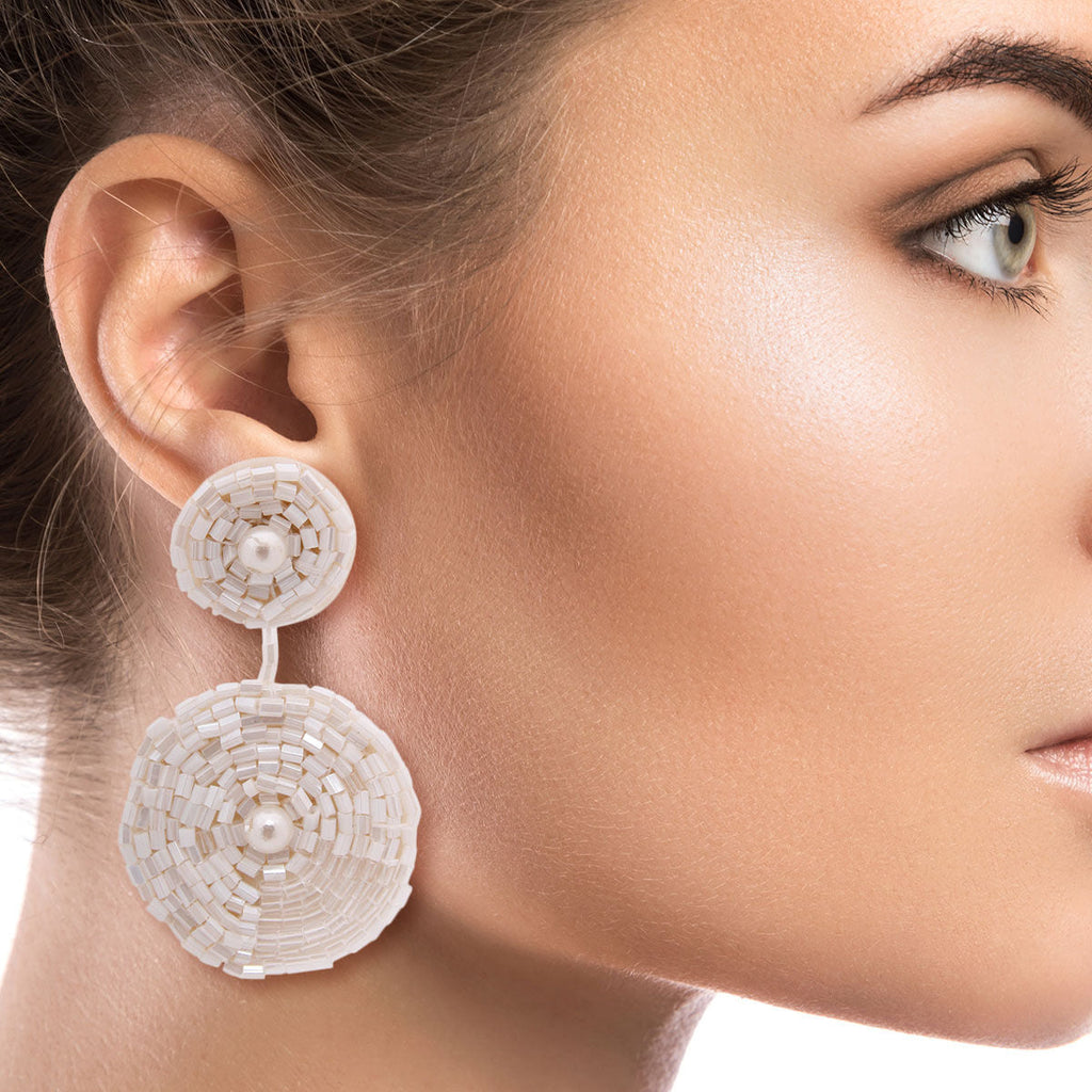 Embroidered Bead Earrings Cream Stylish Statement Jewelry