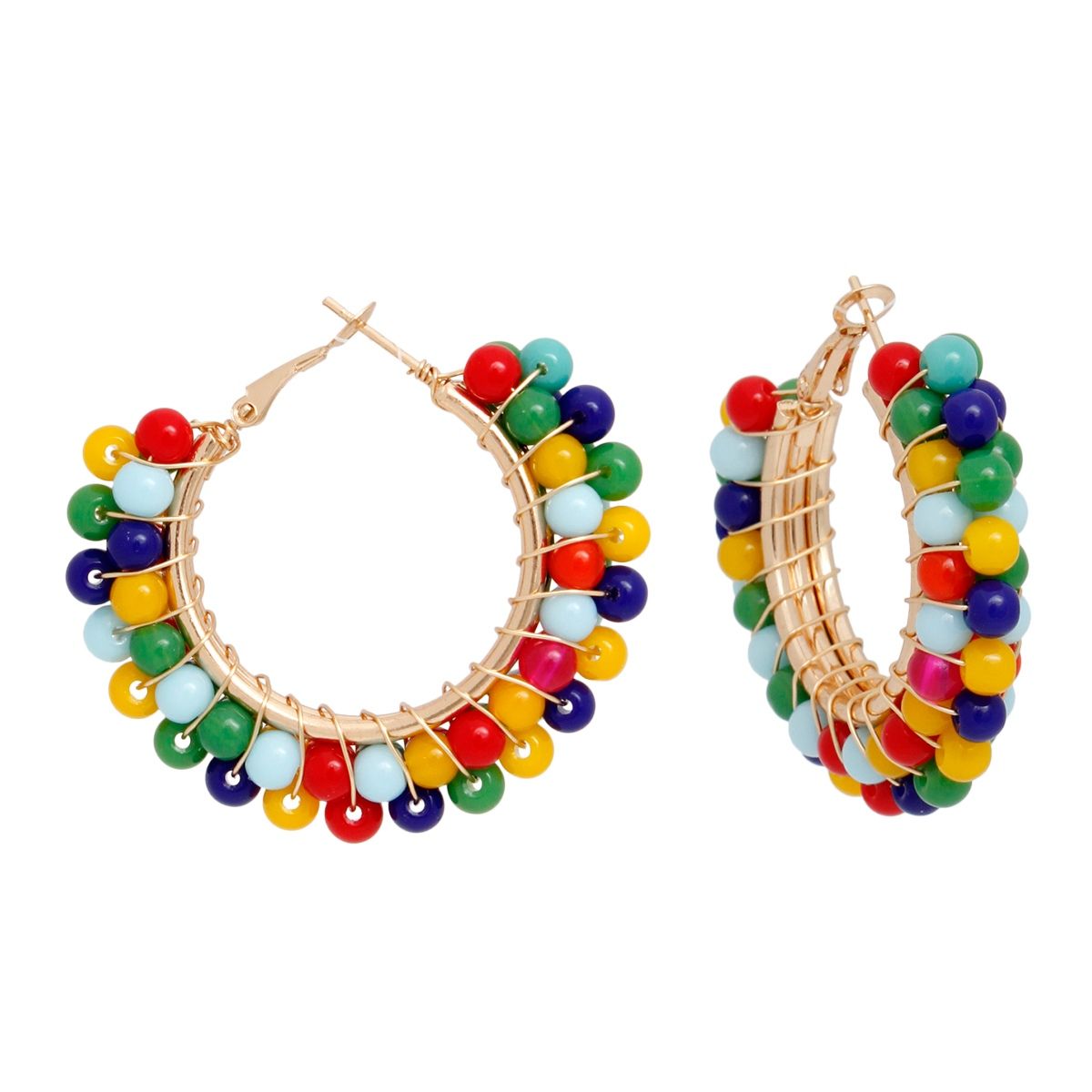 Statement Hoop Earrings Multicolor Bead Gold Wire Wrapped Stylish Jewelry