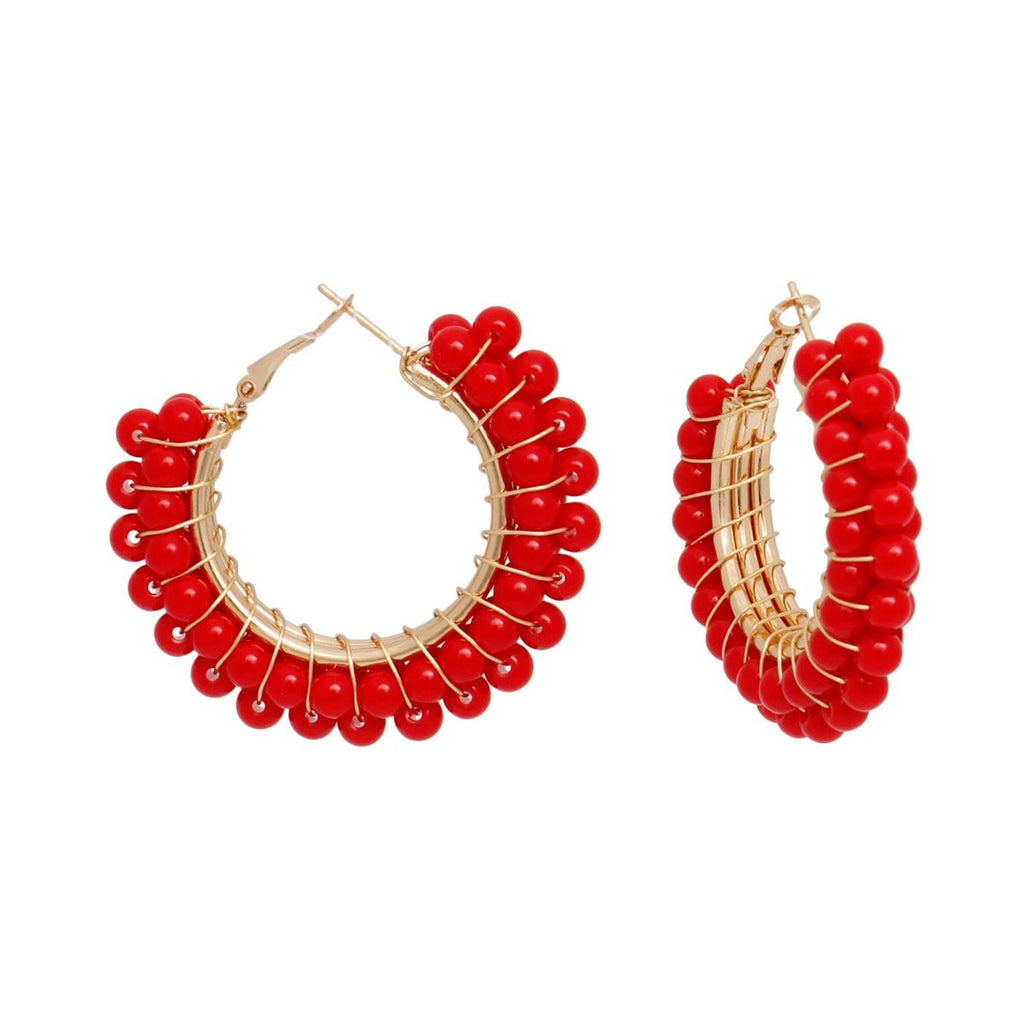 Women’s Hoop Earrings Red Bead Gold Wire Wrapped Stylish Statement Jewelry
