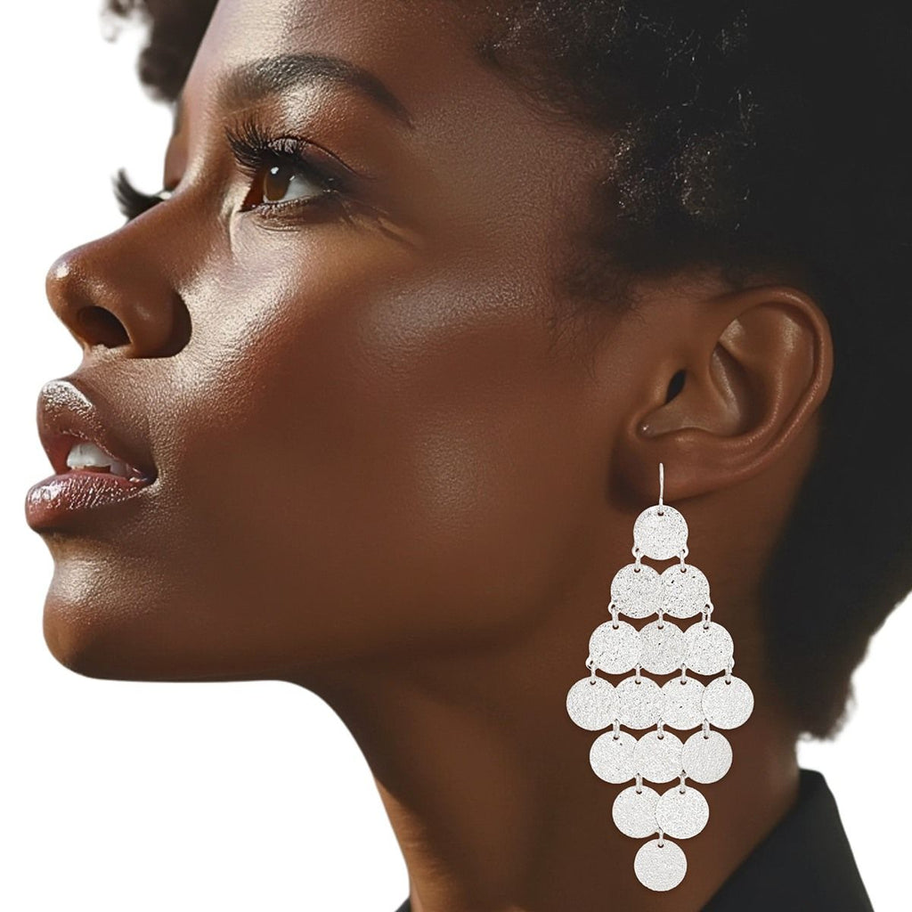 Coin Dangle Earrings Fish Hook Brushed Silver Stylish Statement Jewelry