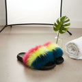 Small Fox Fur Slippers in Coral and Green – Trendy Casual Lounge Footwear