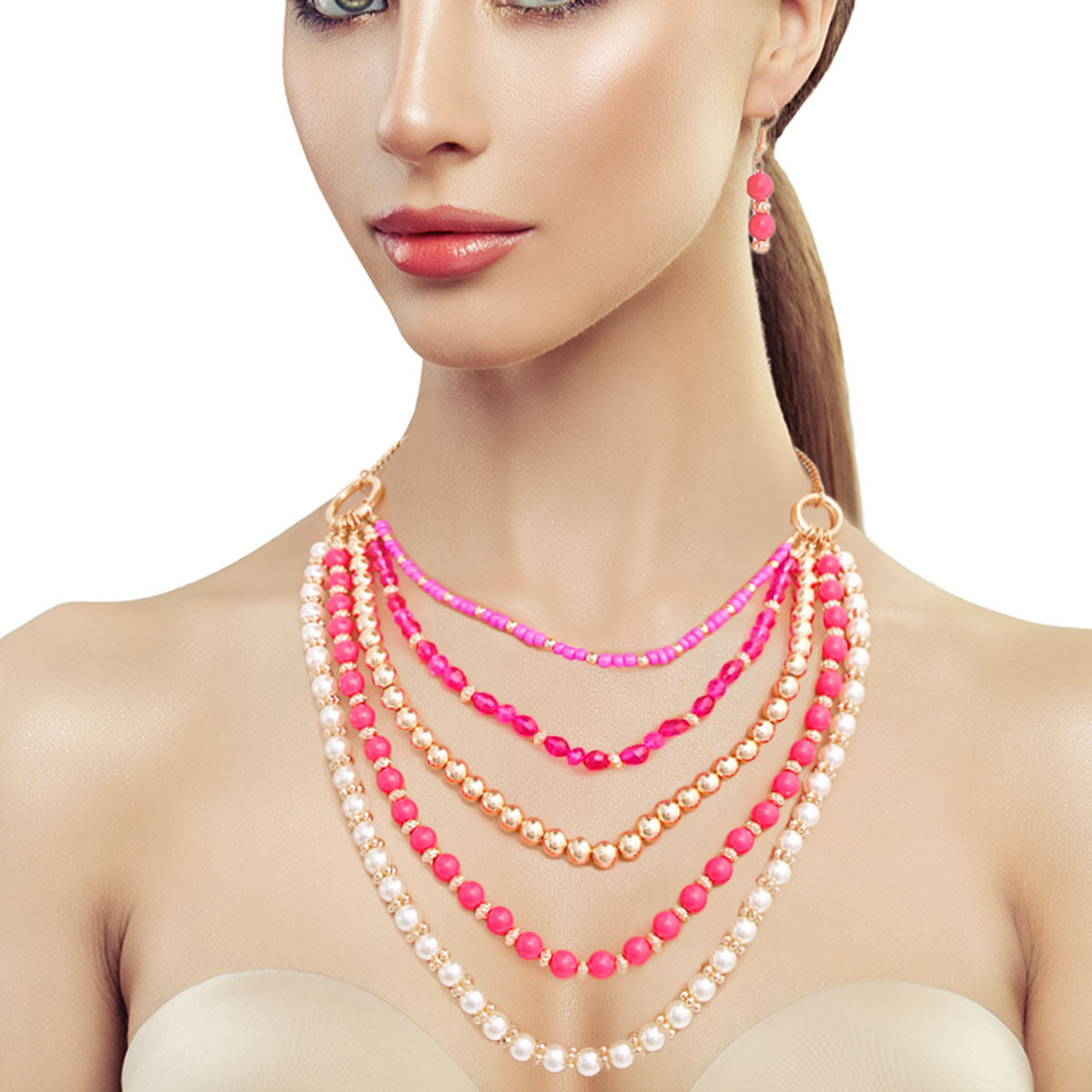 Pearl Necklace Set with Fuchsia Beads Stylish Statement Jewelry