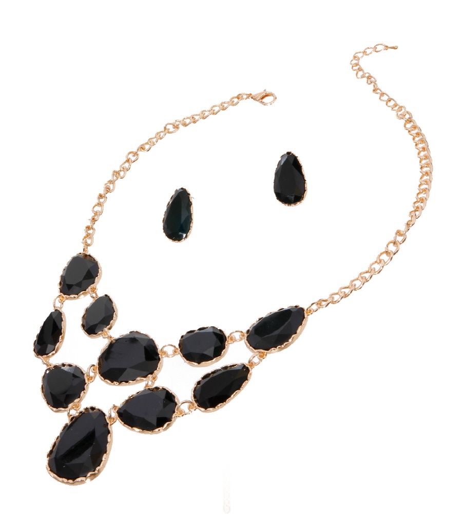 Statement Necklace Black Short Irregular Resin Teardrop Inset Stylish Chic