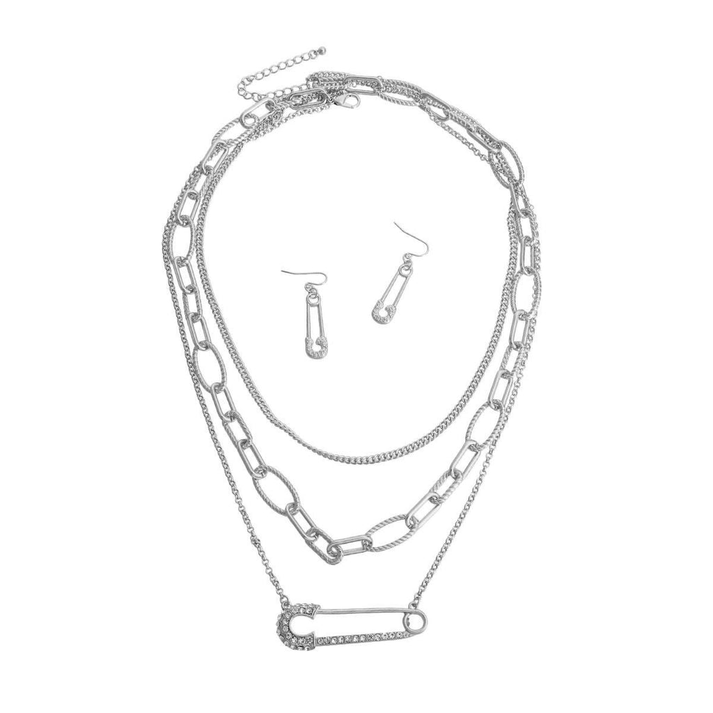 Layered Silver Chain Pin Necklace Long Stylish Statement Jewelry