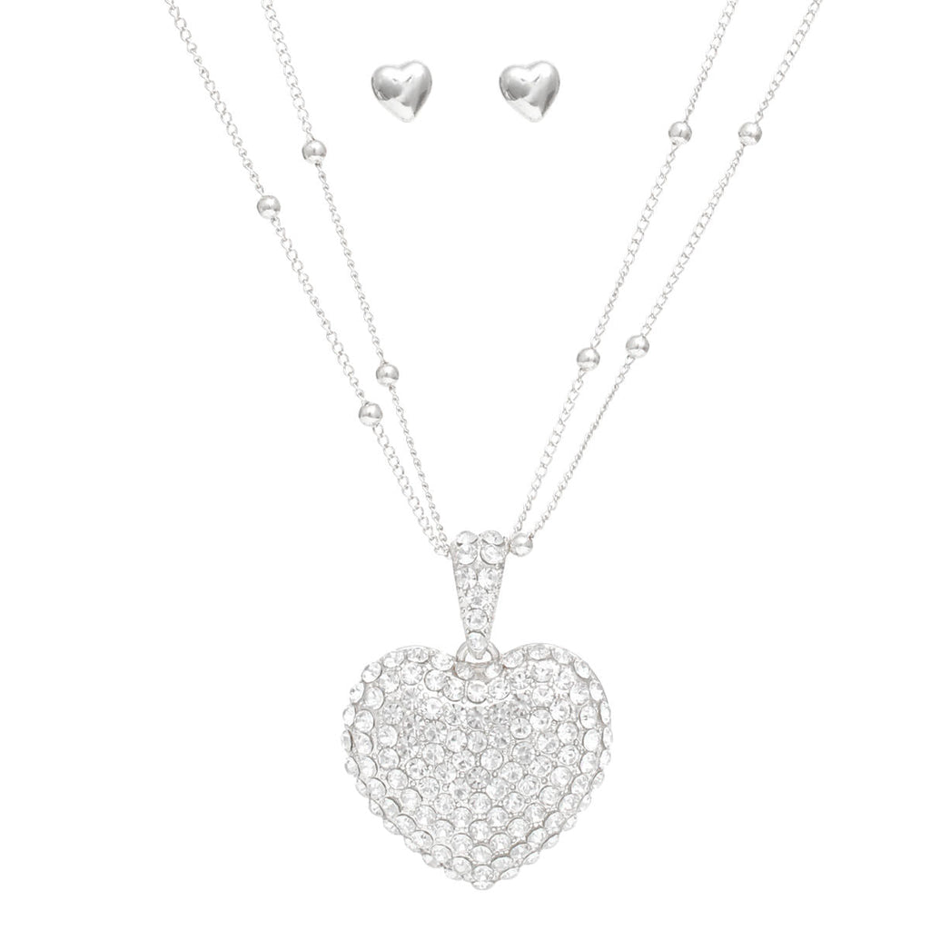 Pendant Silver 2-Layer Puffy Rhinestone Heart Necklace Stylish Layered Jewelry