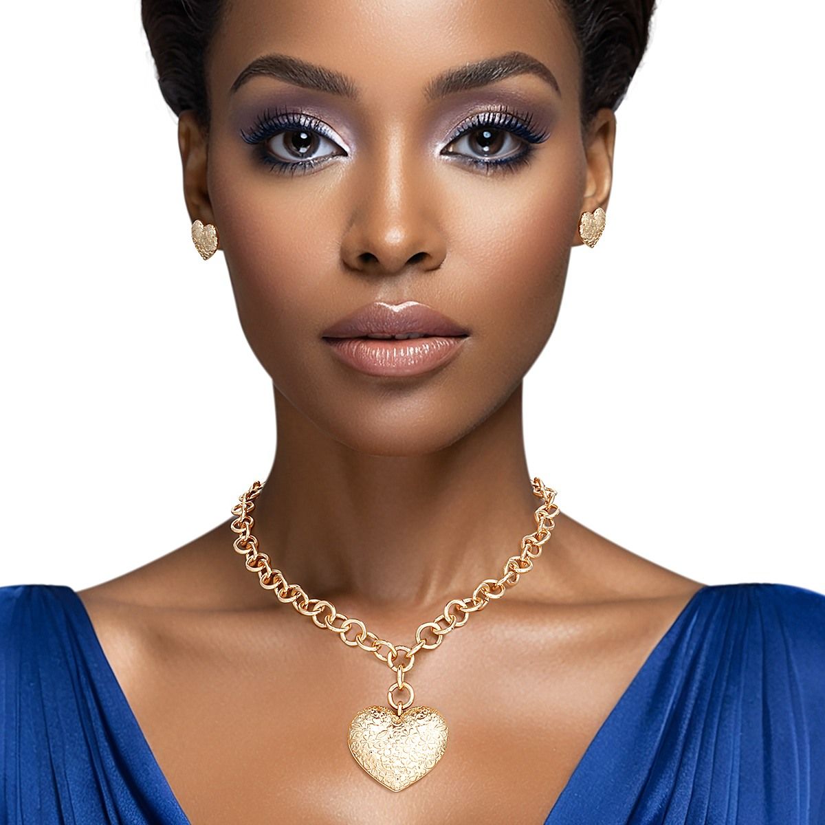 Puffy Heart Pendant Necklace Gold Girly Patterned Stylish Jewelry