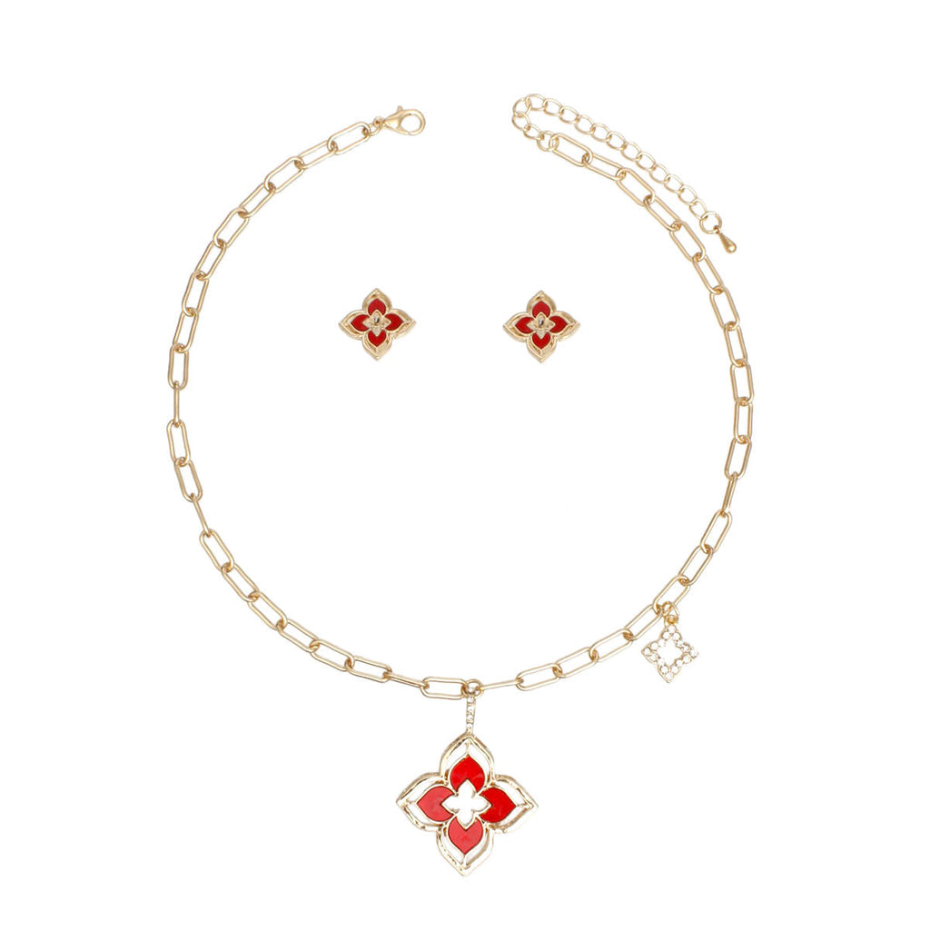 Statement Pendant Necklace Set with Gold Red Monogram Flower Design