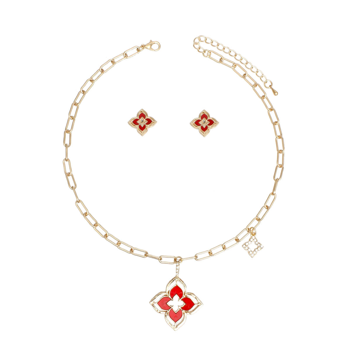 Statement Pendant Necklace Set with Gold Red Monogram Flower Design