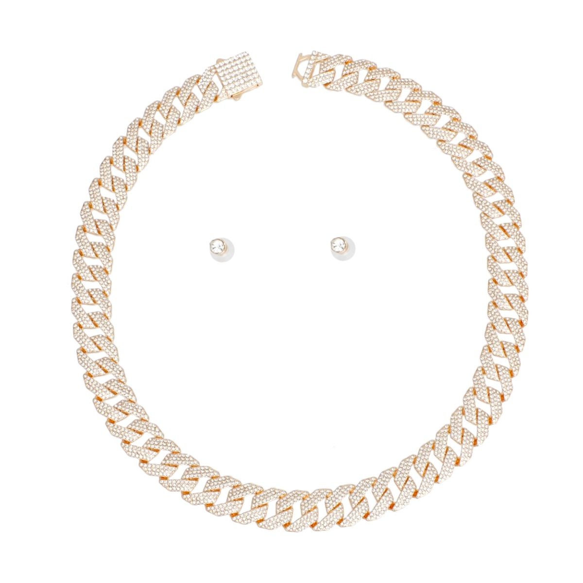 Women’s Gold Cuban Chain Necklace Set Iced Diamond Stylish Jewelry