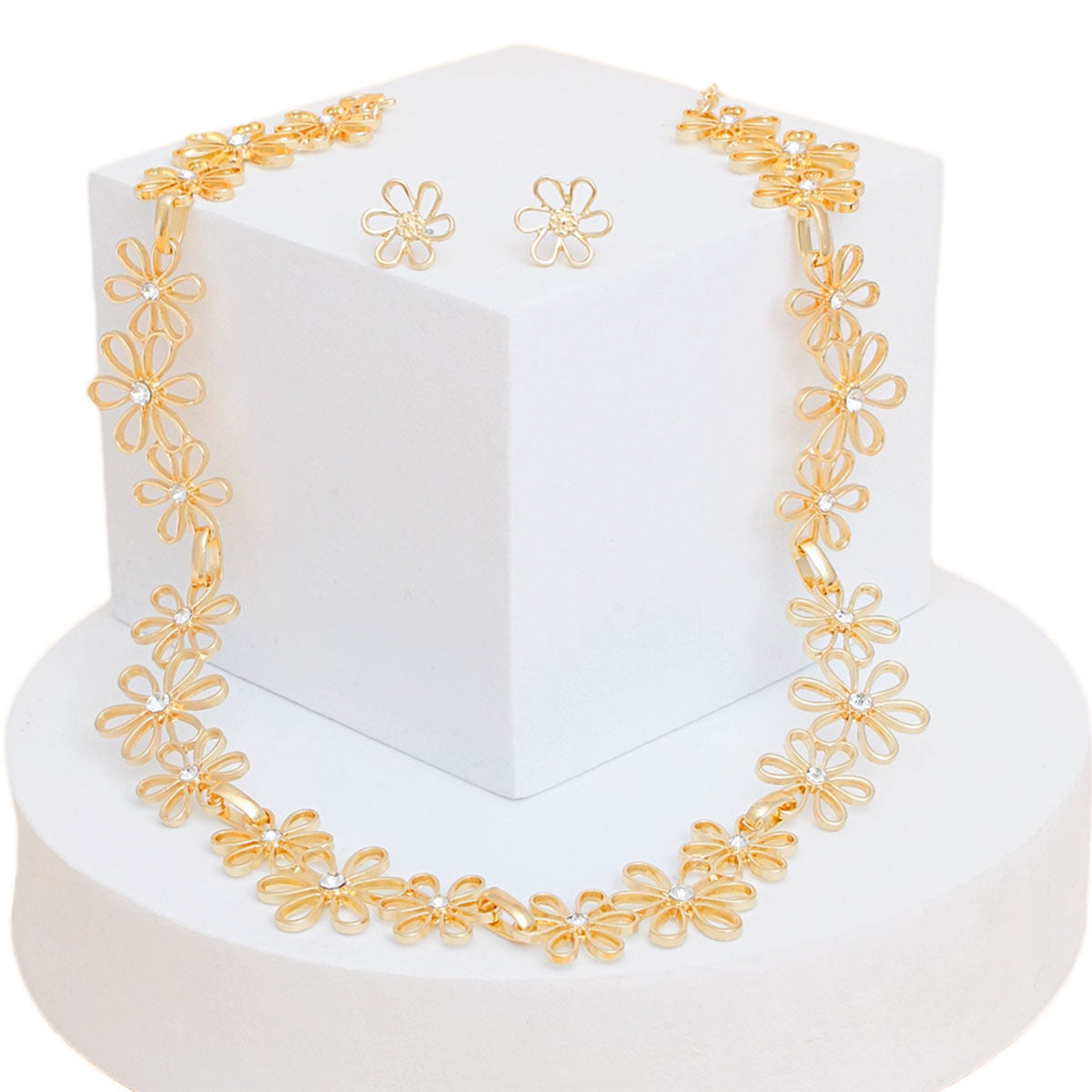 Chain Necklace Set with Flower Link Detail, Gold, Stylish Women's Jewelry