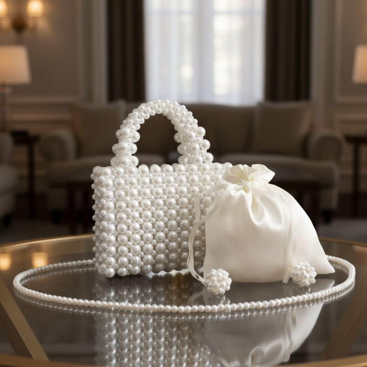 Fashion Handbag Top Handle Square White Pearl Woven Handmade Bag Stylish Chic
