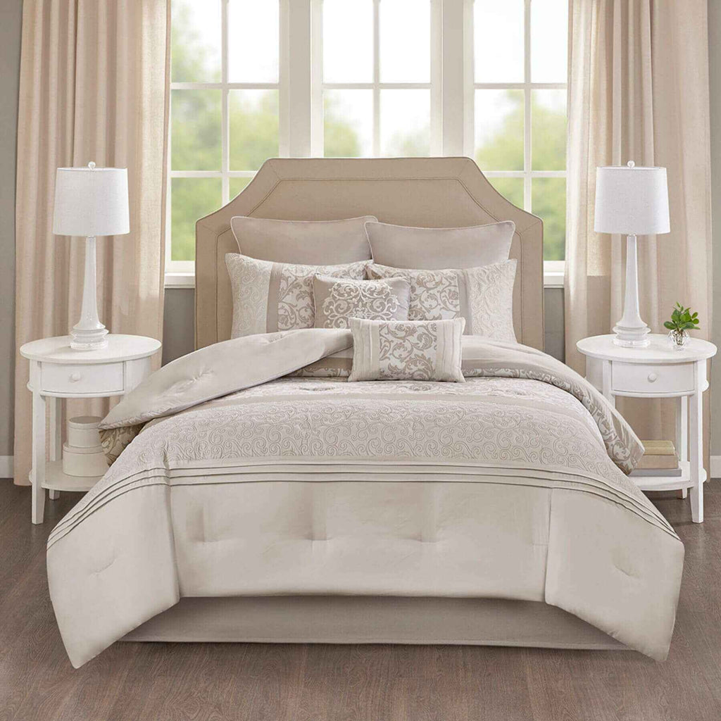 Ramsey Embroidered 8 Piece Comforter Set Neutral Queen (Open Box)