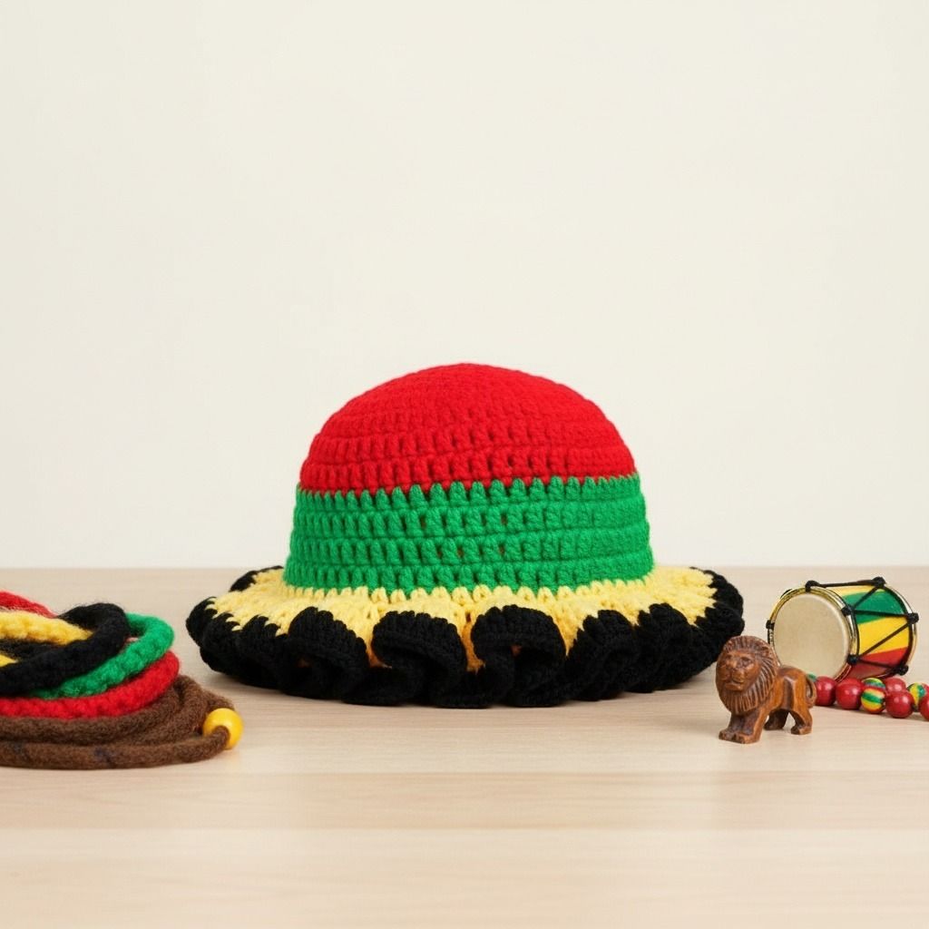 Women’s Crochet Bucket Hat with Multicolor Ruffle Detail, Trendy Red Accessory