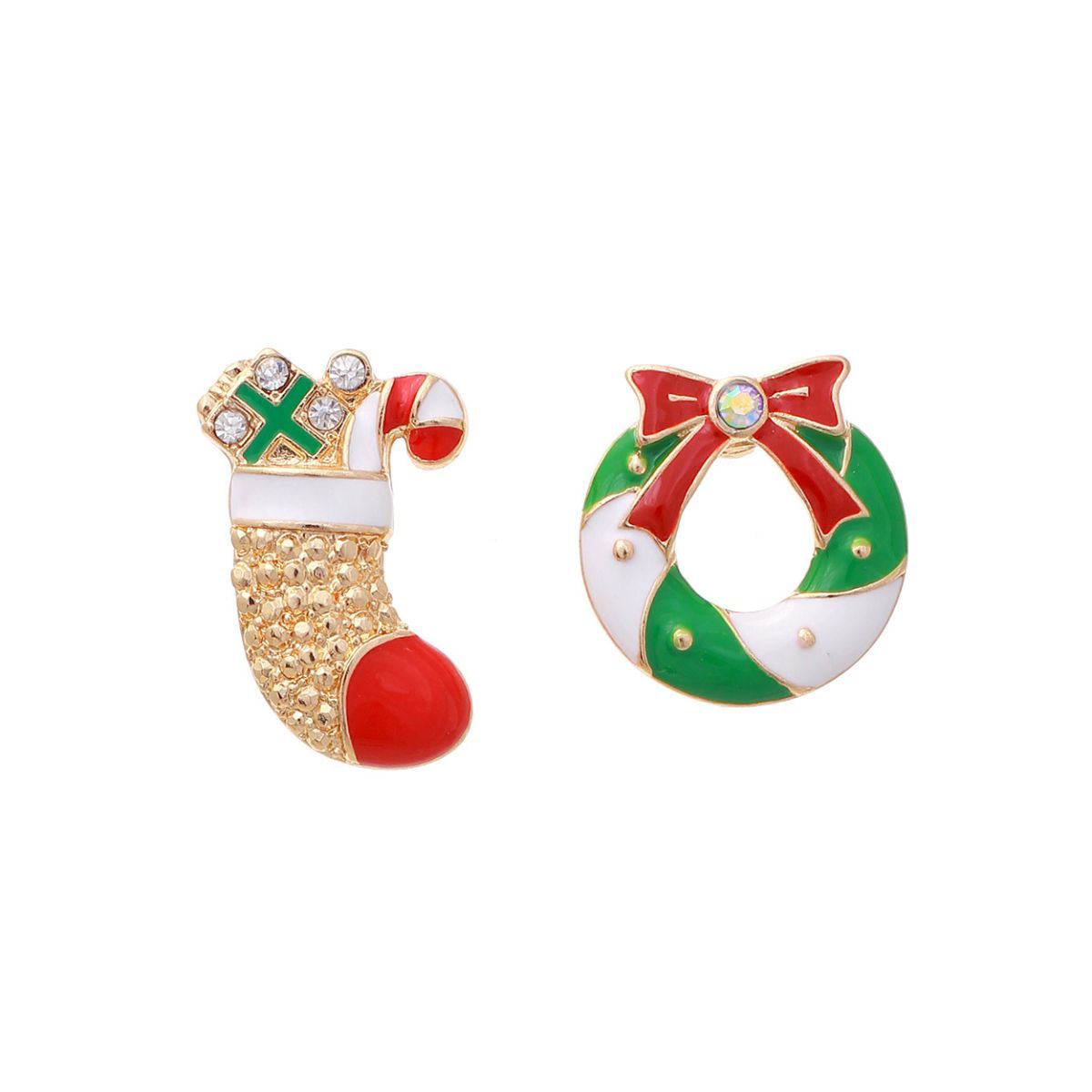 Mismatched Holiday Stud Earrings Set – Stocking and Wreath, Trendy Fashion Jewelry