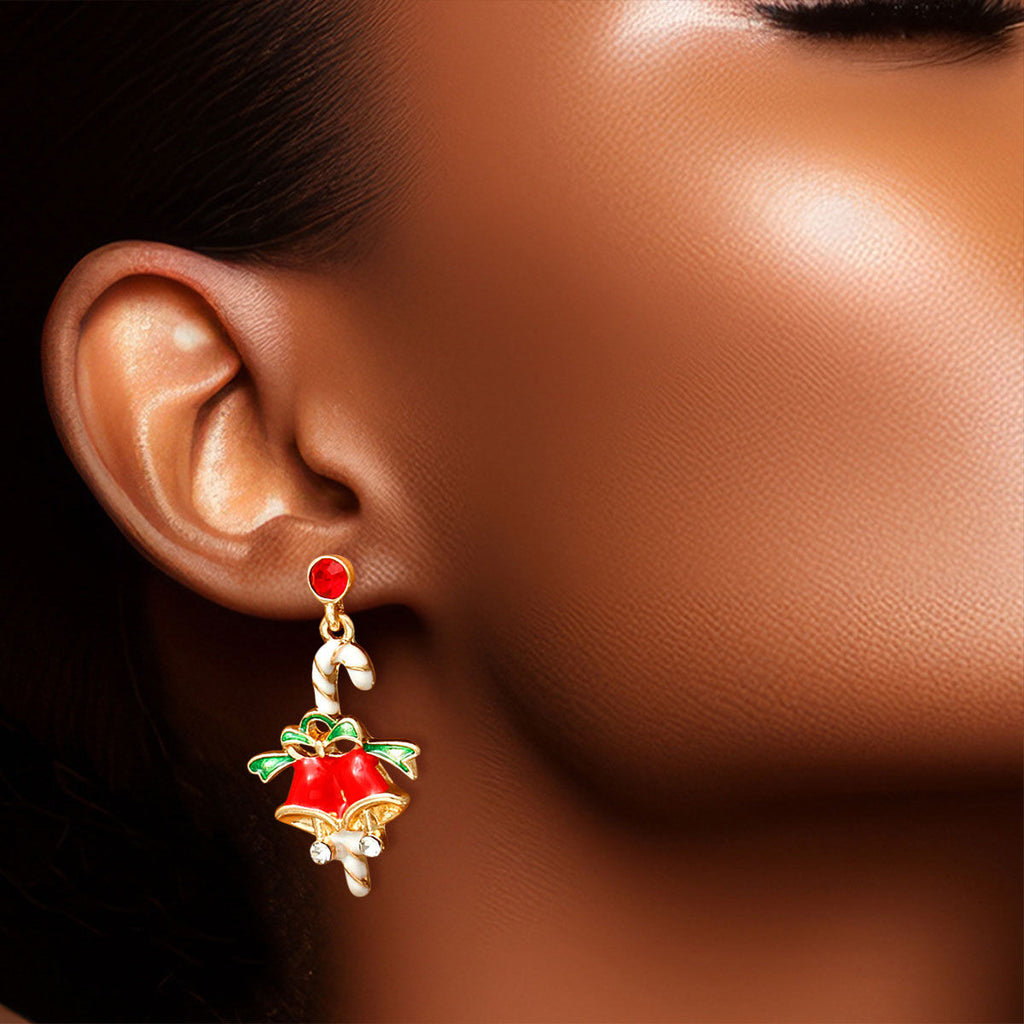 Statement Candy Cane and Bell Earrings Holiday Trendy Jewelry