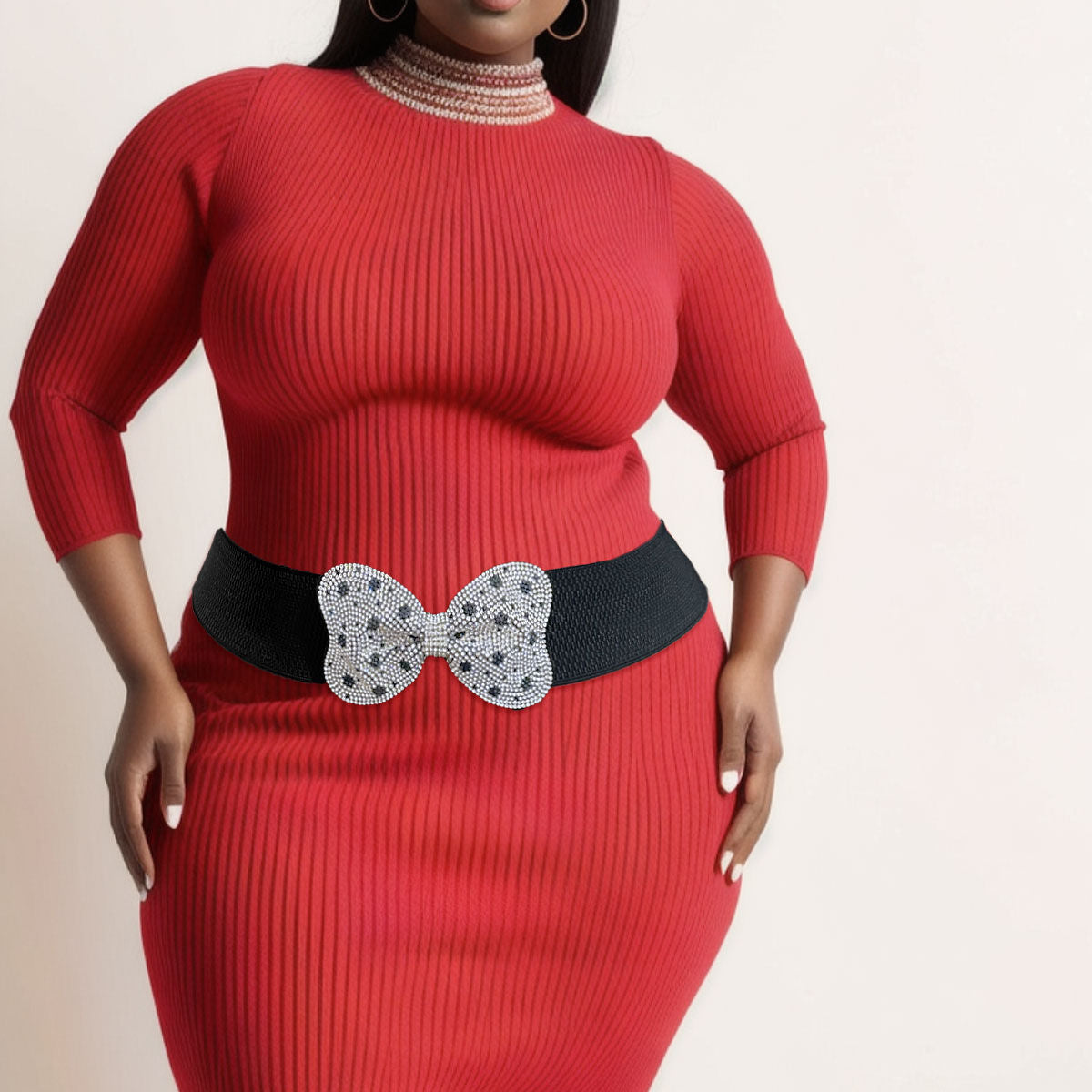Stretch Belt with Dotted Bowknot and Rhinestone Detail – Stylish Fashion Accessory