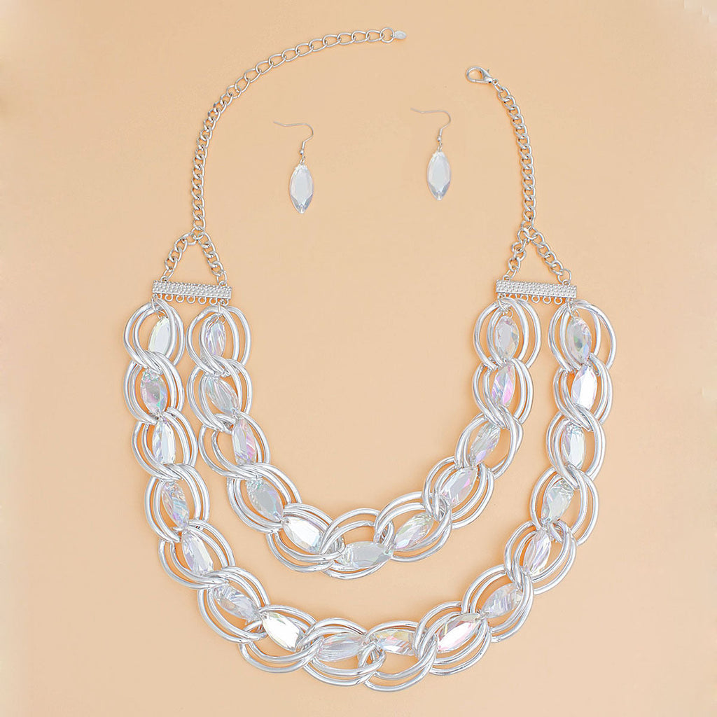 Double Linked Chain Necklace with Silver Crystal Set – Stylish Statement Jewelry