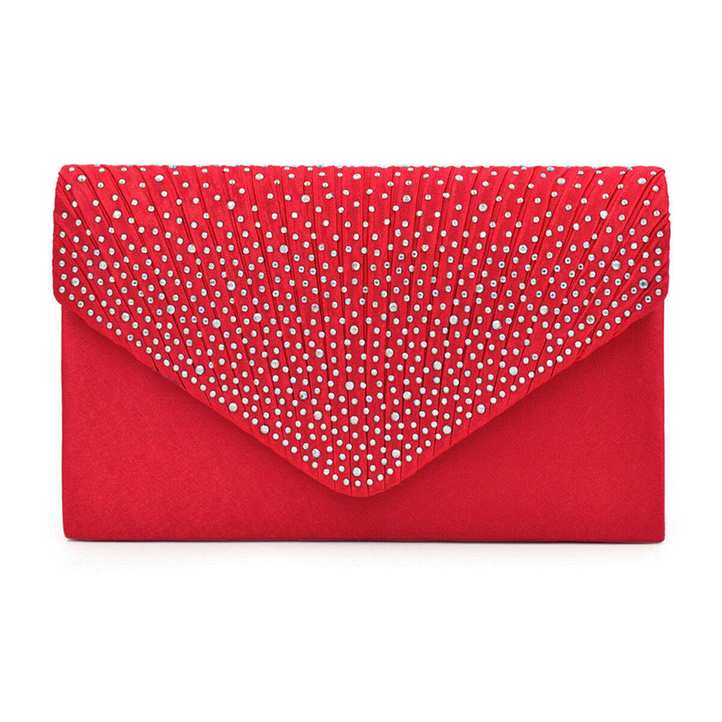 Women’s Red Ruched Rhinestone Clutch Bag – Stylish Statement Evening Handbag