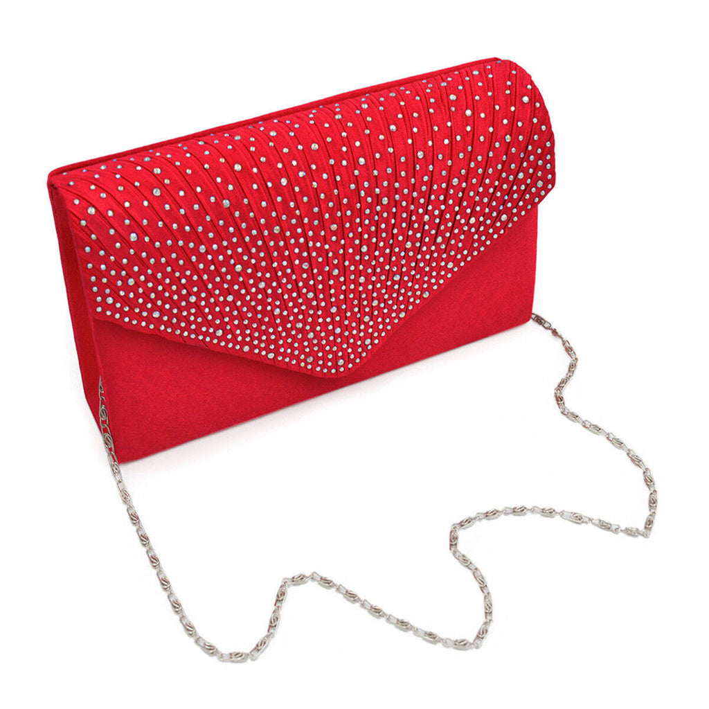 Women’s Red Ruched Rhinestone Clutch Bag – Stylish Statement Evening Handbag