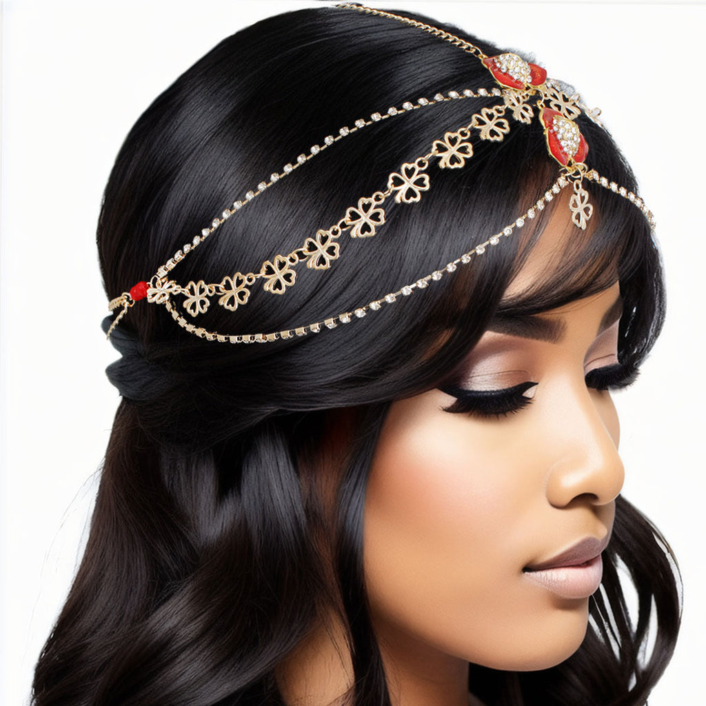 Statement Flower Head Chain with Gold and Red Clear Crystals, Stylish Fashion Jewelry